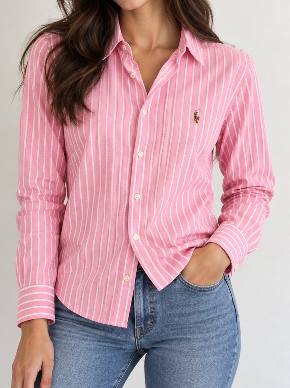 Ralph Lauren Pink Striped Cotton Knit Oxford Long Sleeve Button Down Medium